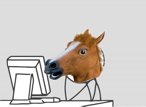 Person in a horse mask working at a computer