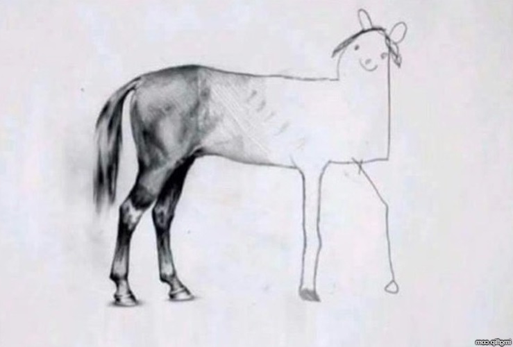 Horse drawing meme — photorealistic at the back, child's scribble at the front