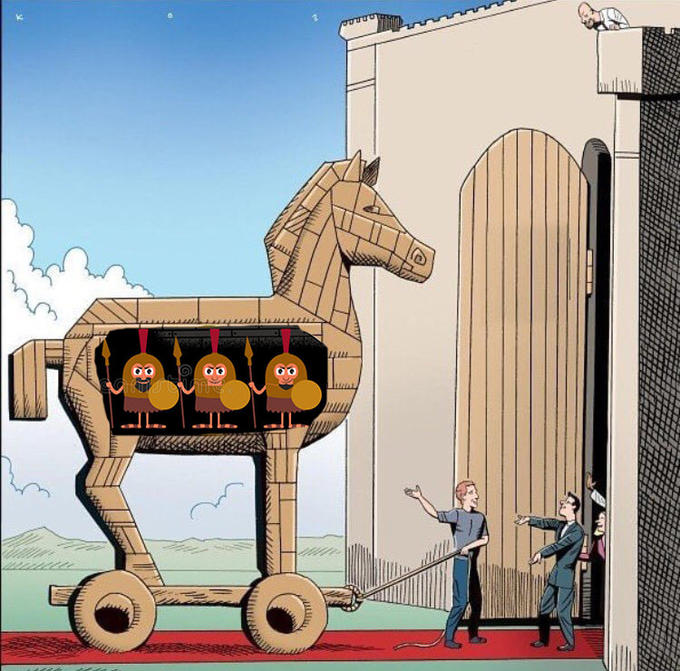 Cartoon Trojan horse full of soldiers being welcomed into a city